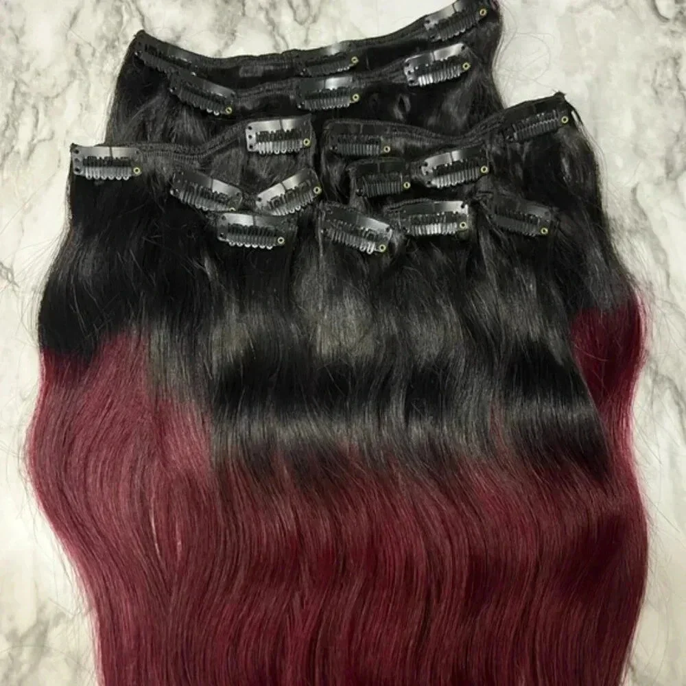 14 In Clip In 100% Human hair Balayage Black with Red Burgundy Straight …